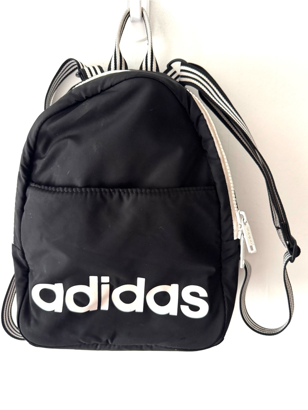adidas Mini Black Backpack with White Logo and Striped Straps